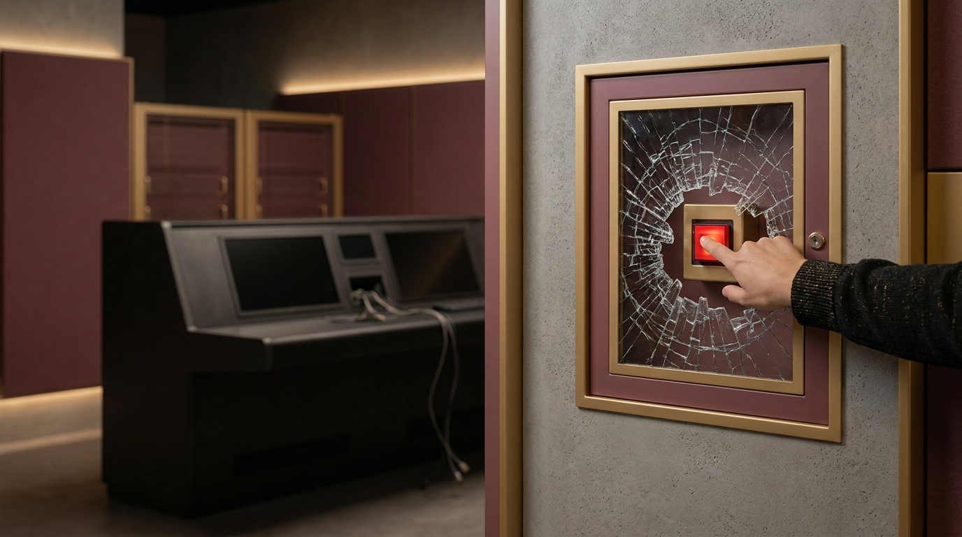 An emergency break-glass access panel with the normal automated control console dark behind it