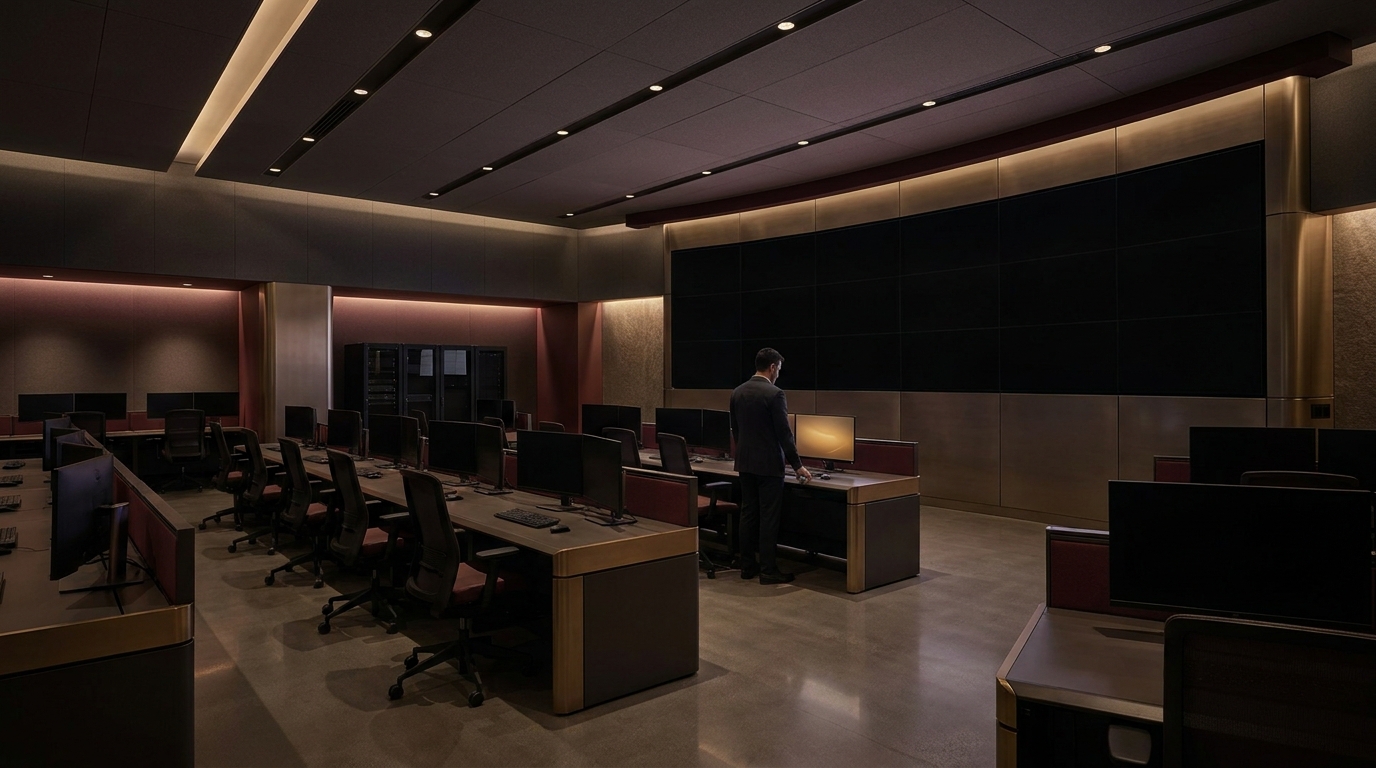 A dark server aisle in a modern data center, hardware healthy but switched off by order, a single red status light glowing