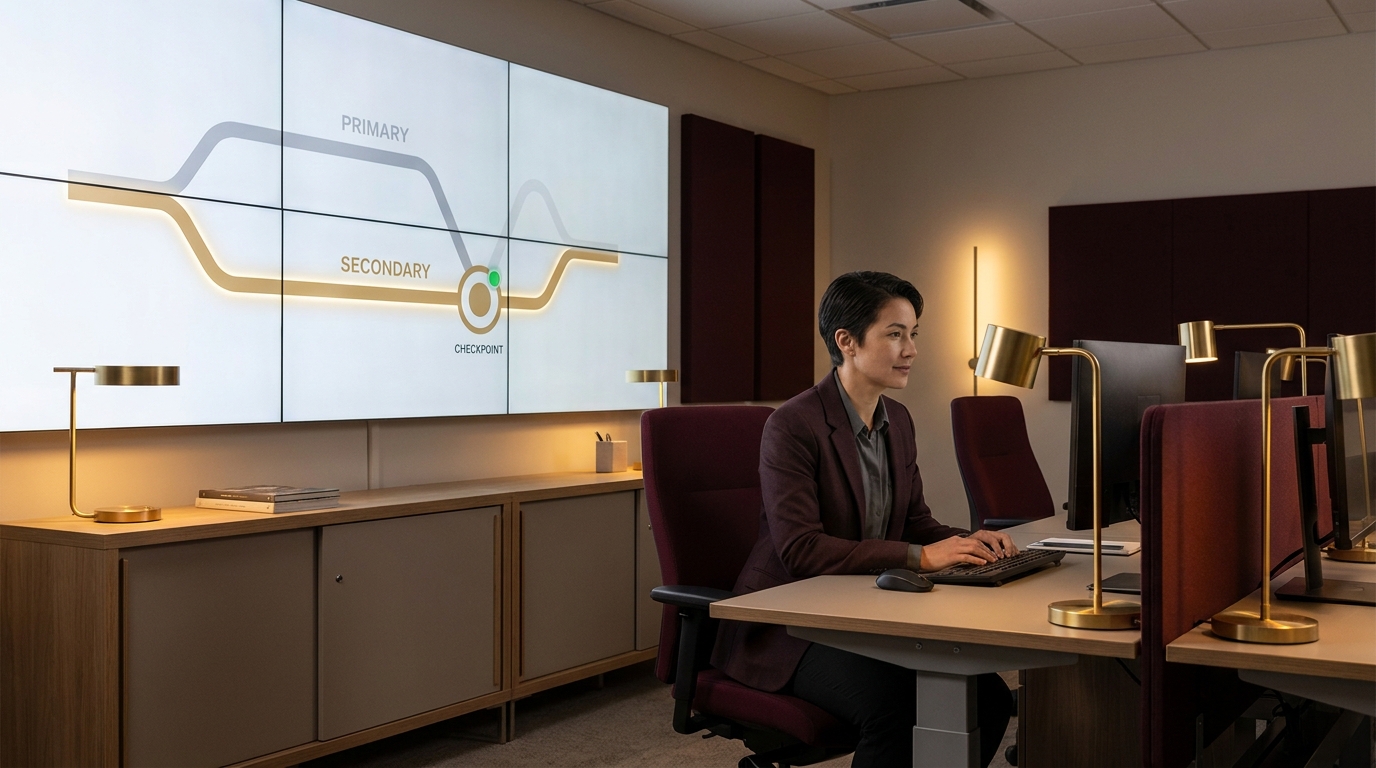 An operations architect reviewing a model governance dashboard showing a primary model, a validated fallback path, and green validation gates