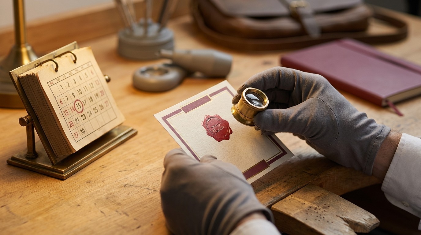 A technician's hand holding a magnifying glass over a certificate document on a workbench, checking an expiration date against a calendar