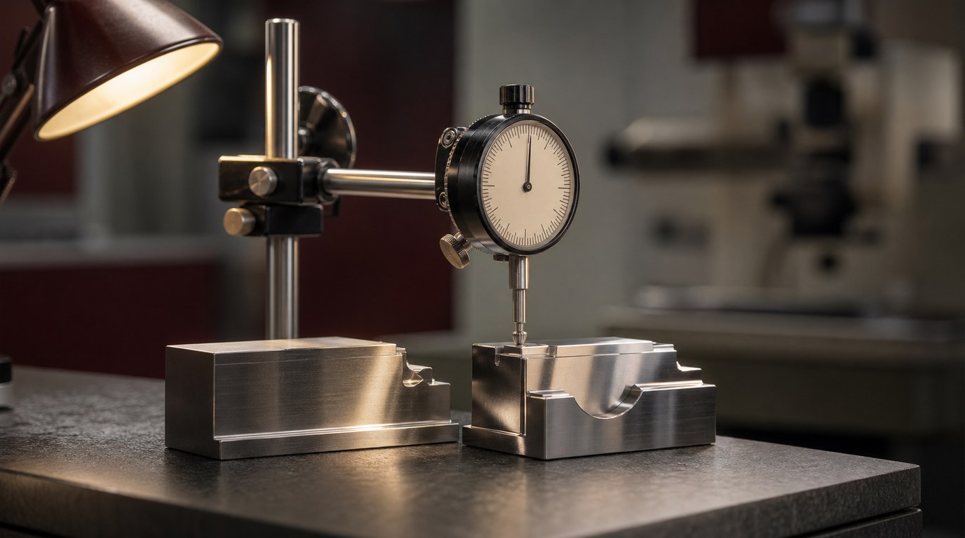 A precision measurement instrument comparing a reference component against a production component on a workbench under warm light
