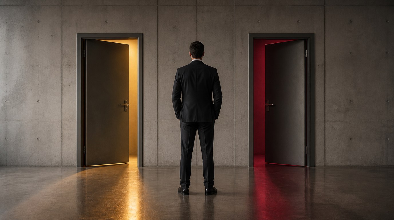 Two doors in a corporate corridor, one marked by a warm gold light and one falling into deep red shadow, with a single figure standing between them