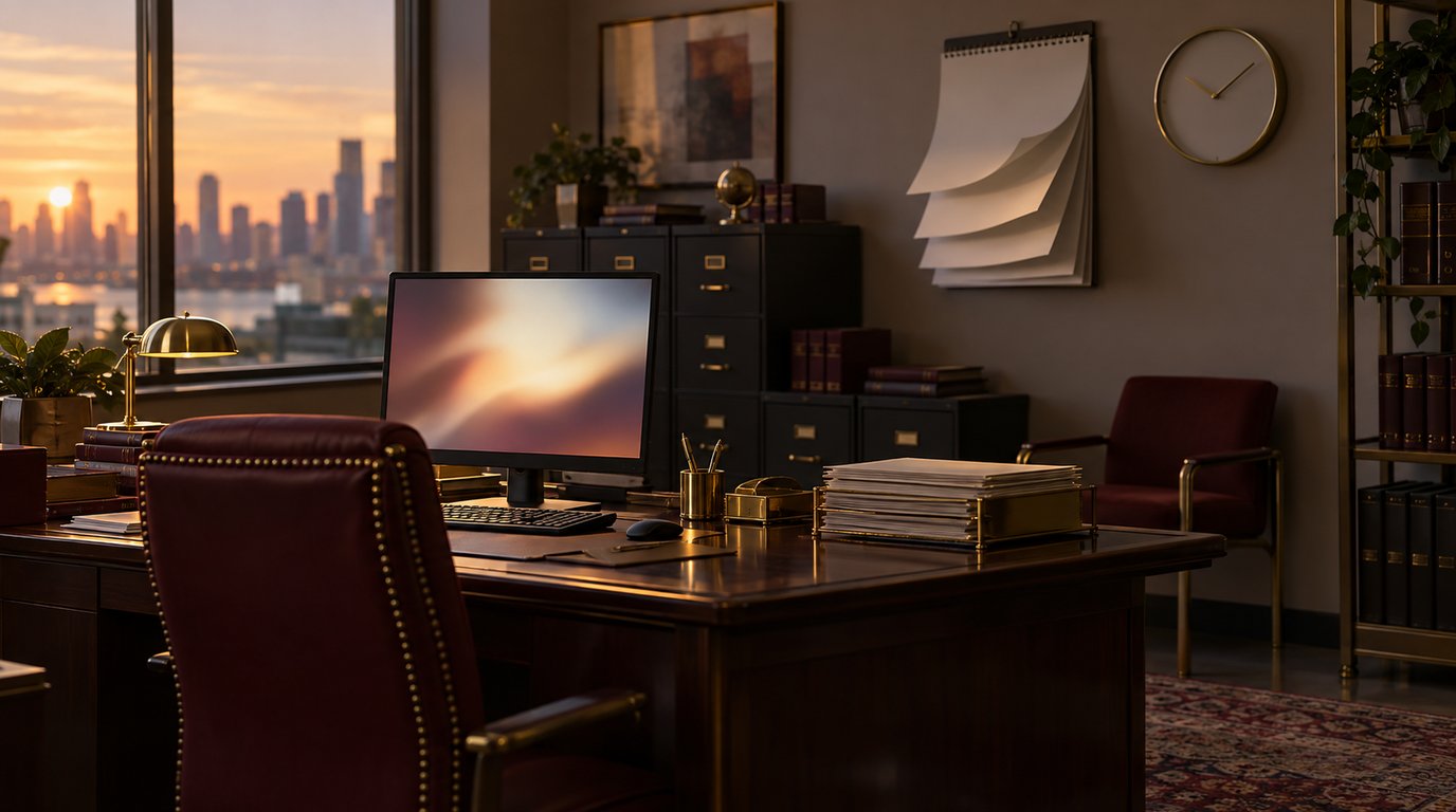 An empty government records office at dusk, a single monitor glowing with an unattended session while a wall calendar shows months passing
