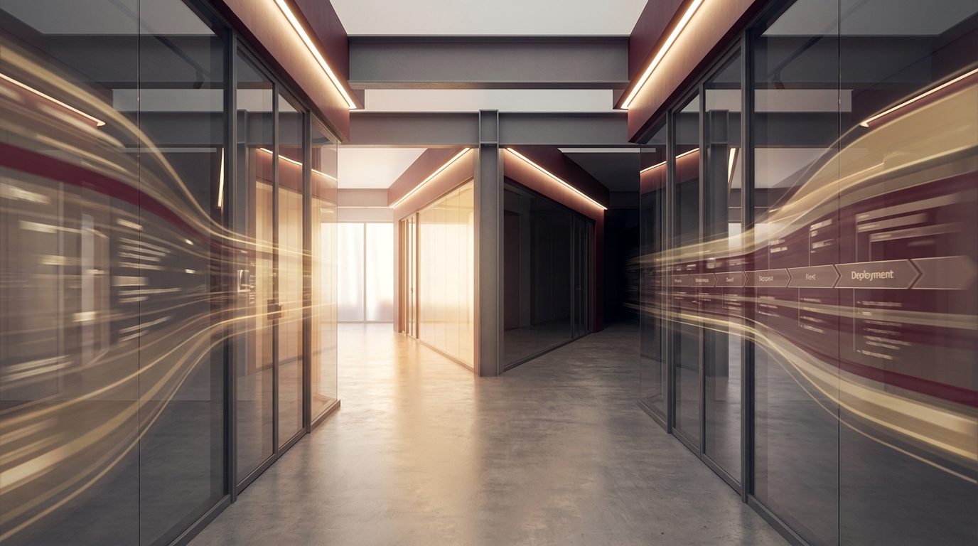 Corporate hallway representing the speed of unvalidated AI deployment