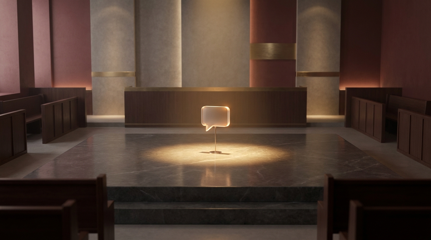 A small translucent chat-bubble icon presented as evidence on a stand in an elegant hearing room, lit by a single warm gold spotlight