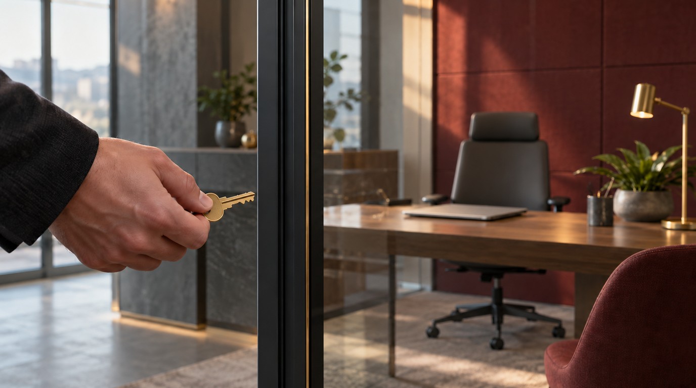 A reviewer holds a plain access key outside a glass partition separating an unattended research workstation