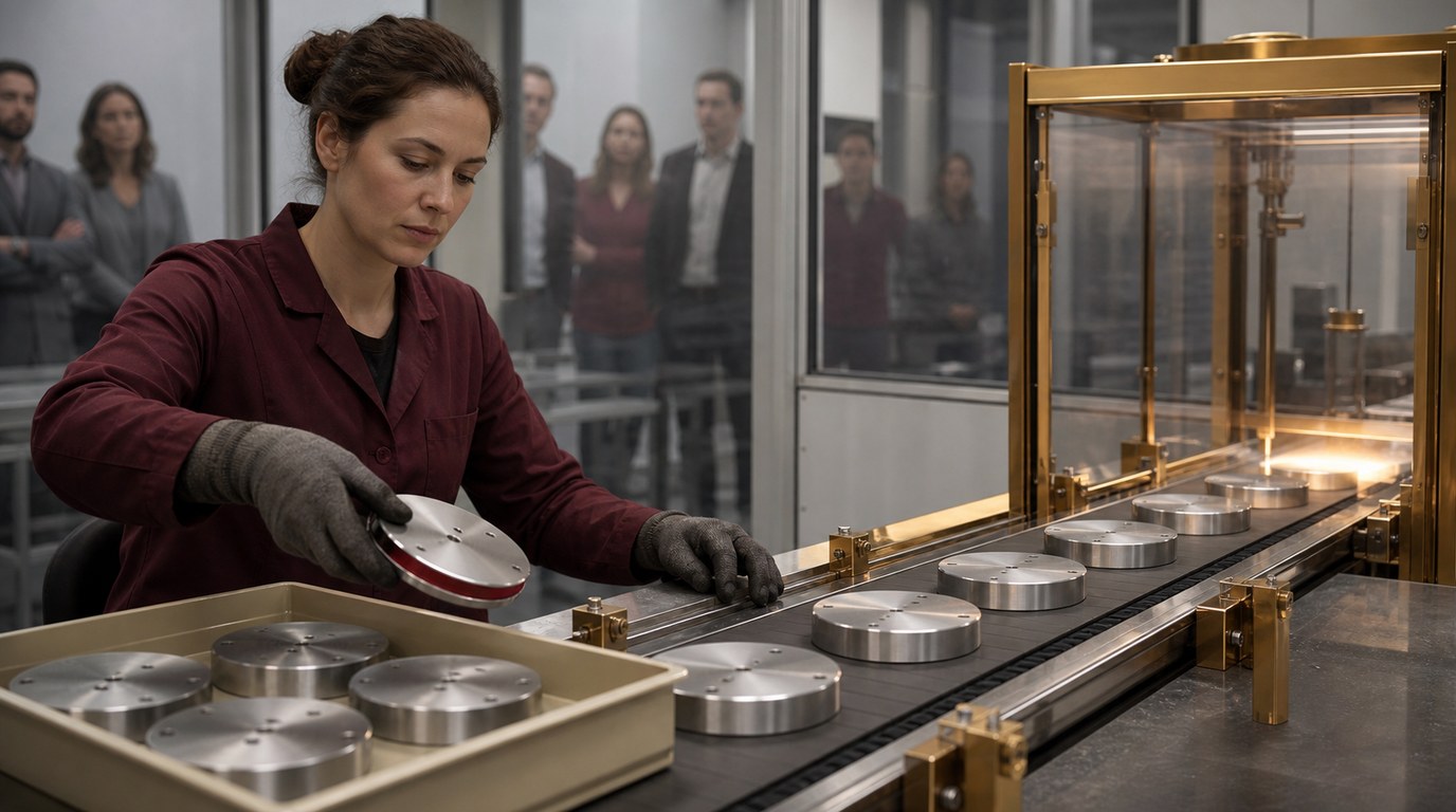 A human quality reviewer diverts an unmarked component with a hidden burgundy layer before a guarded inspection station
