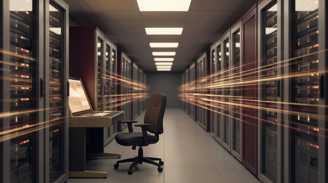 A dim server corridor at night with cabinet status lights blinking rapidly down its whole length, and one empty office chair at a lone console