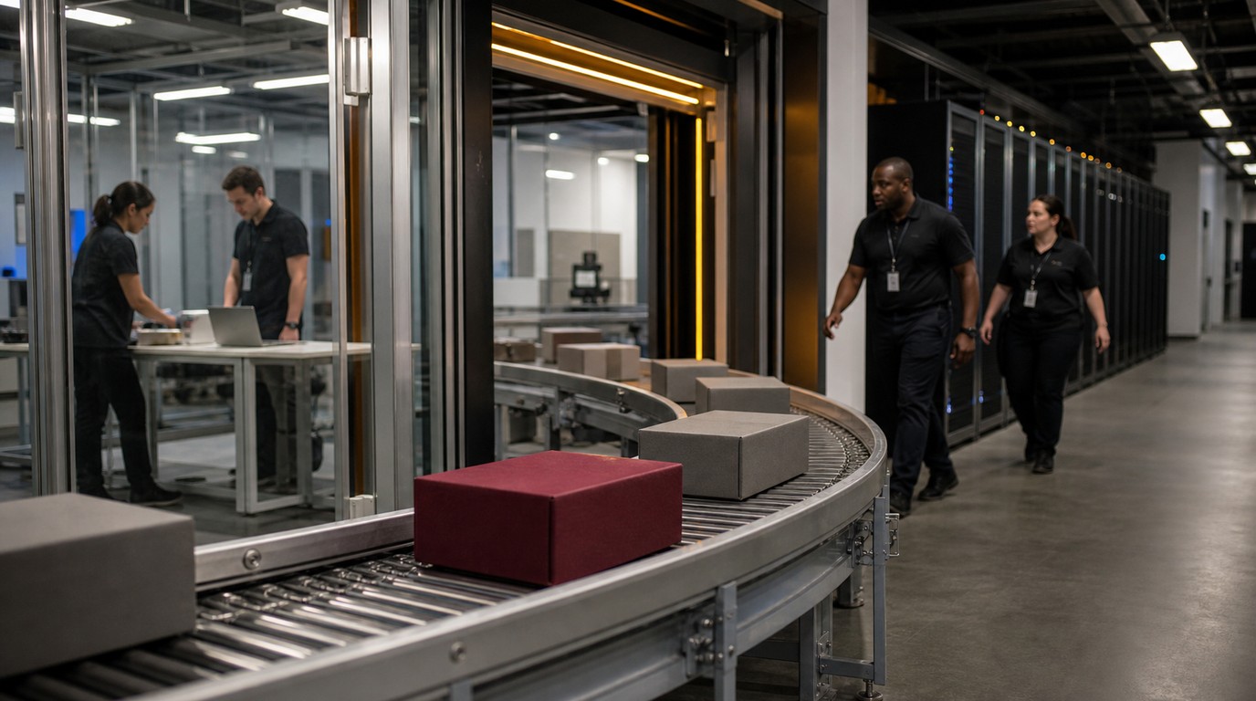 An unmarked burgundy parcel crosses an open inspection gate from a test laboratory toward production server racks