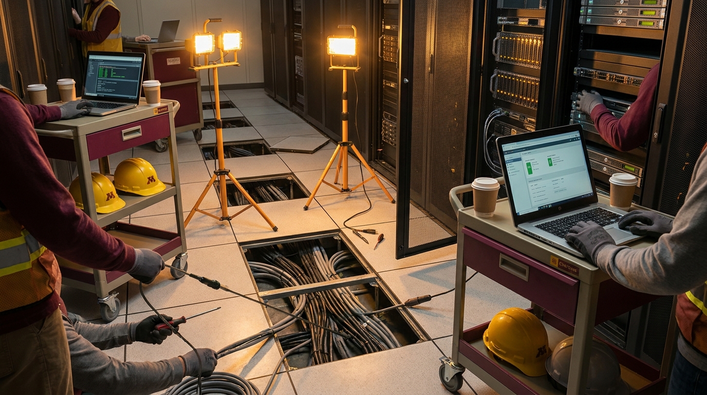A long row of empty server racks in a dim data center, with a single unplugged cable lying on the floor in the foreground