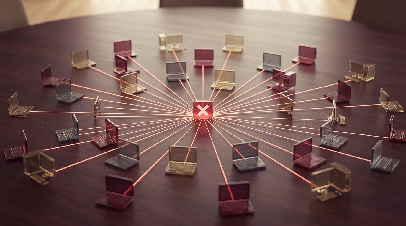 Dozens of small translucent device icons on a dark table, connected by warm-red light lines radiating outward from a single glowing cancel icon