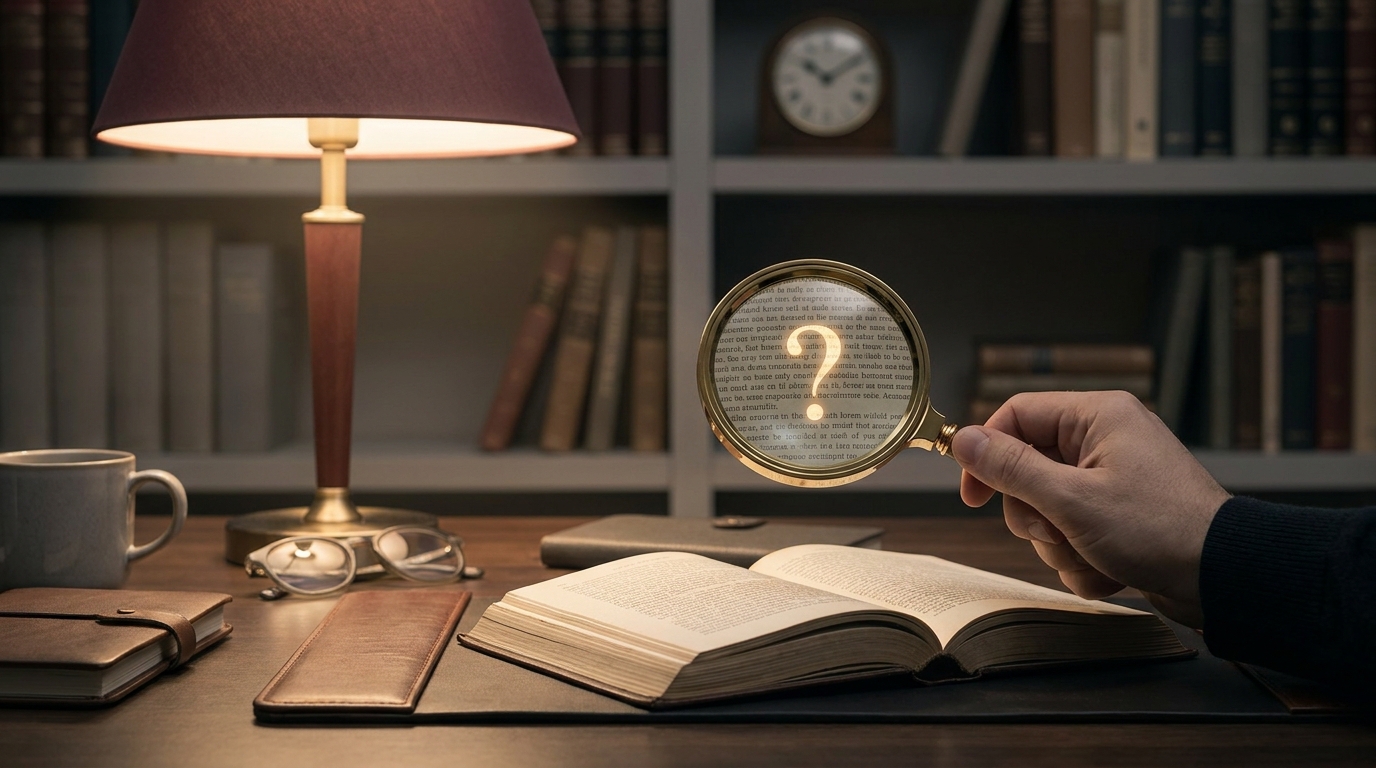 A magnifying glass over a printed page at a research desk, revealing a faint warm-gold question mark glowing within a line of text