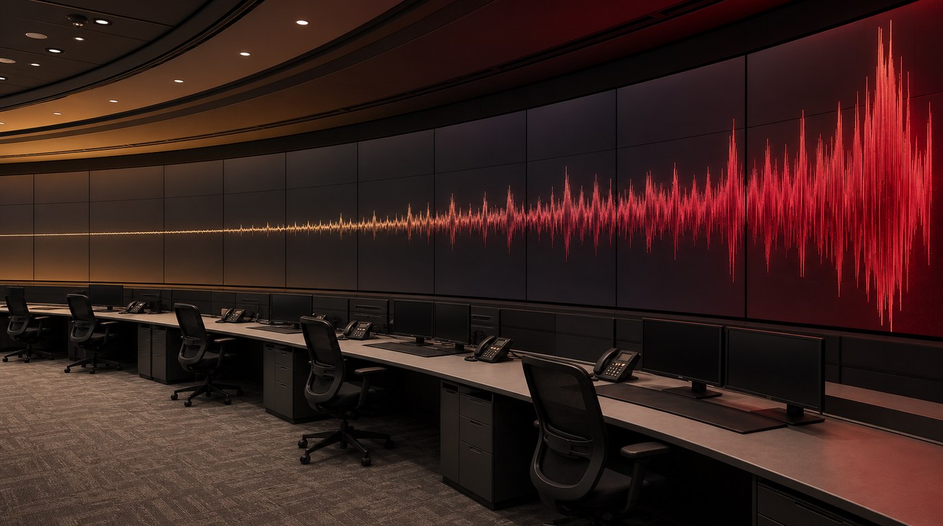 A darkened network operations center where a calm gold waveform on the left wall of monitors escalates into a saturated red spike on the right, with every operator chair empty