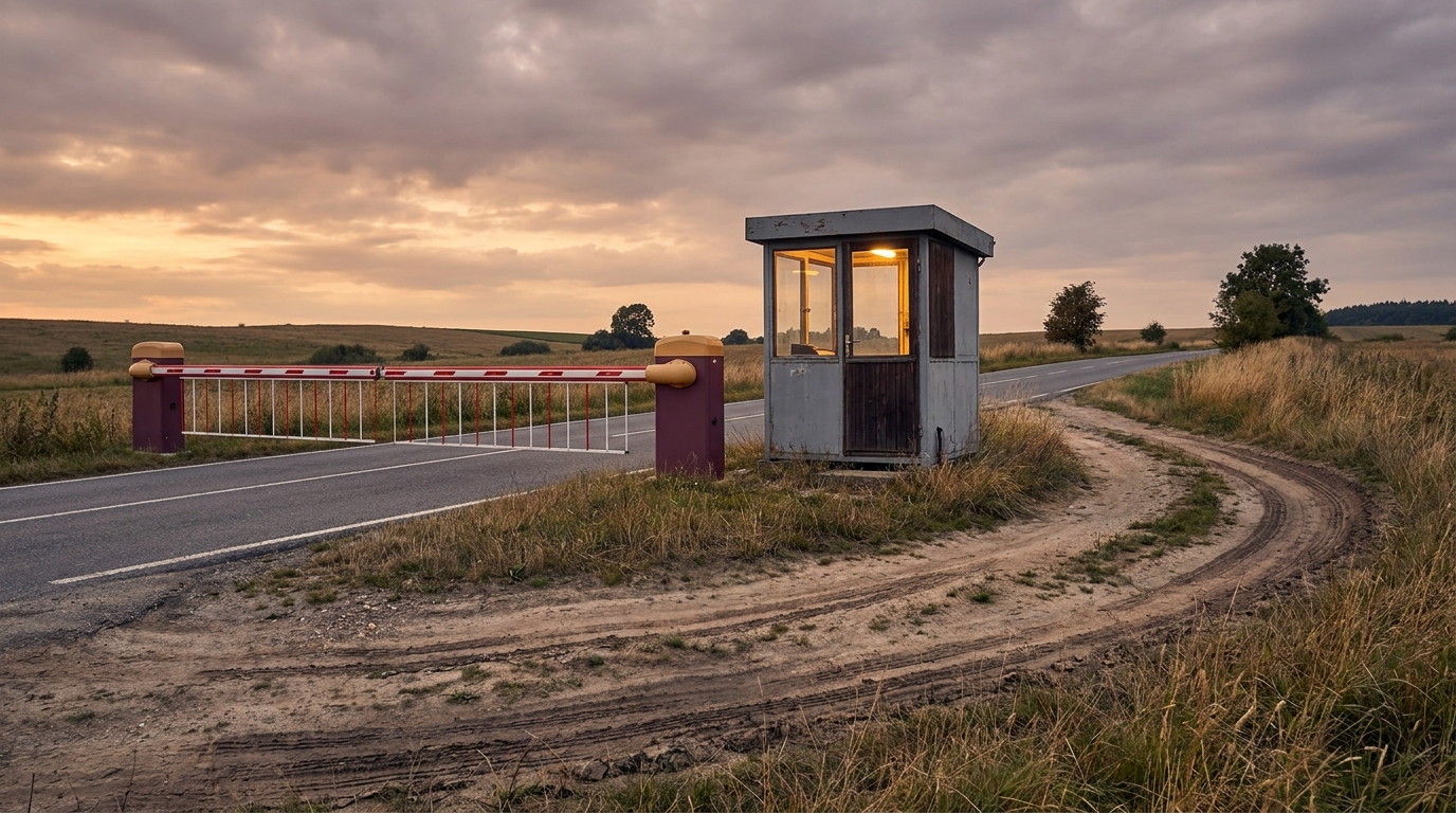 A security checkpoint with a lowered barrier arm on the main road while a dirt track runs around it through the grass