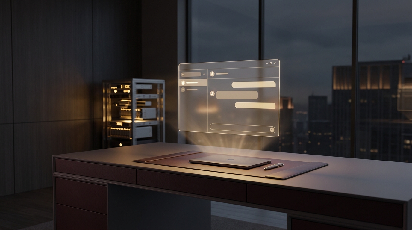 A glowing chat interface floating above a minimalist desk at night, with a small server rack assembling itself in the background with no hands visible