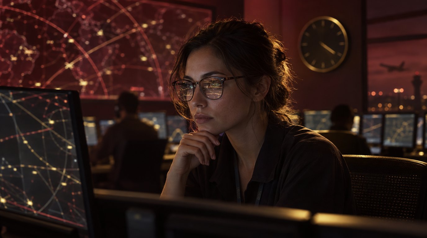 An air traffic engineer studies a flight data console in a dim control room lit in burgundy and gold
