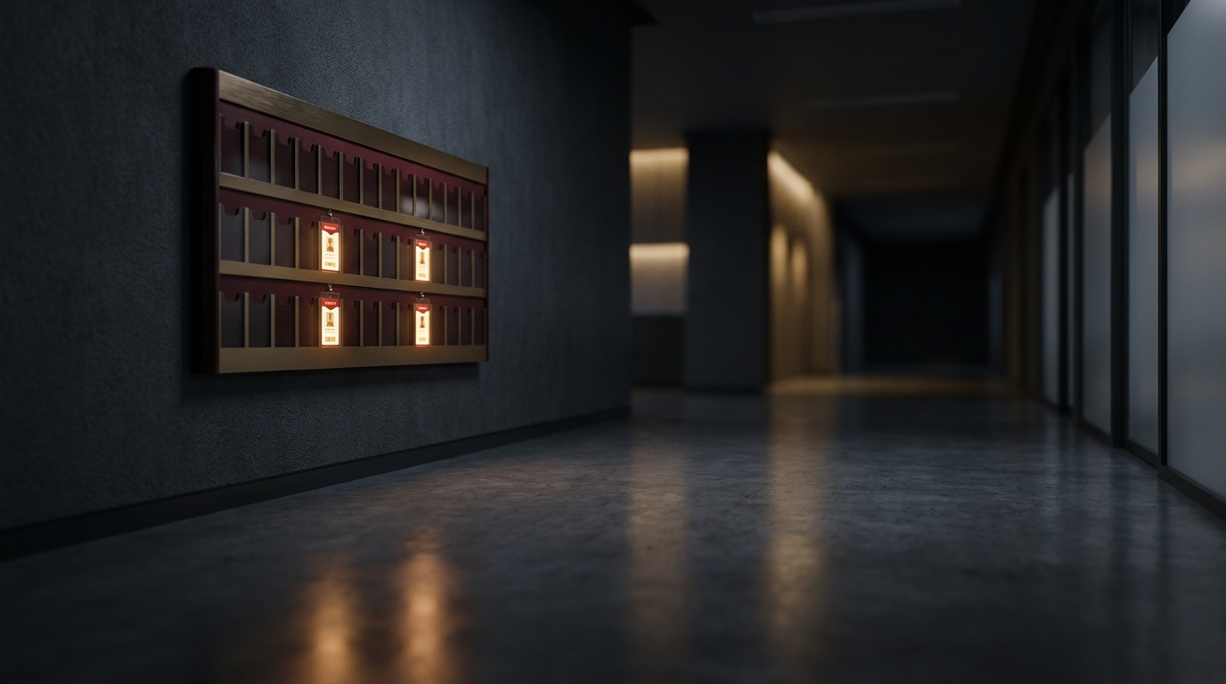 Rows of identical glowing employee badges hanging on a wall rack in a dark office, most slots empty with badges missing