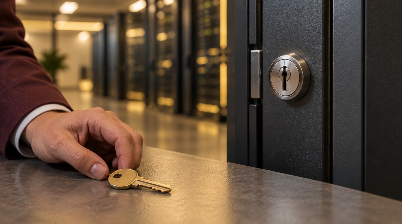 An unmarked brass key remains outside a closed equipment enclosure beside a reviewer's hand