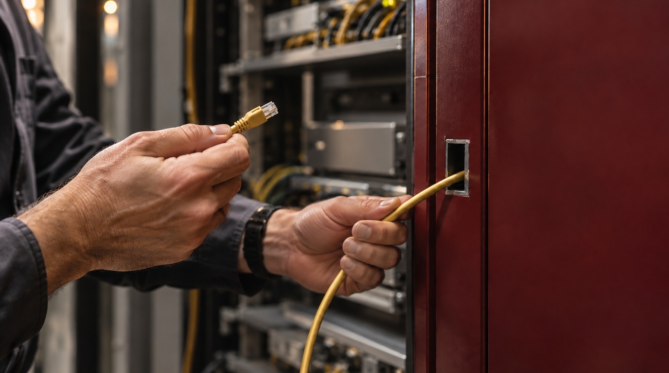 An engineer inspects an unmarked gold cable passing through a service opening beside a closed burgundy equipment partition