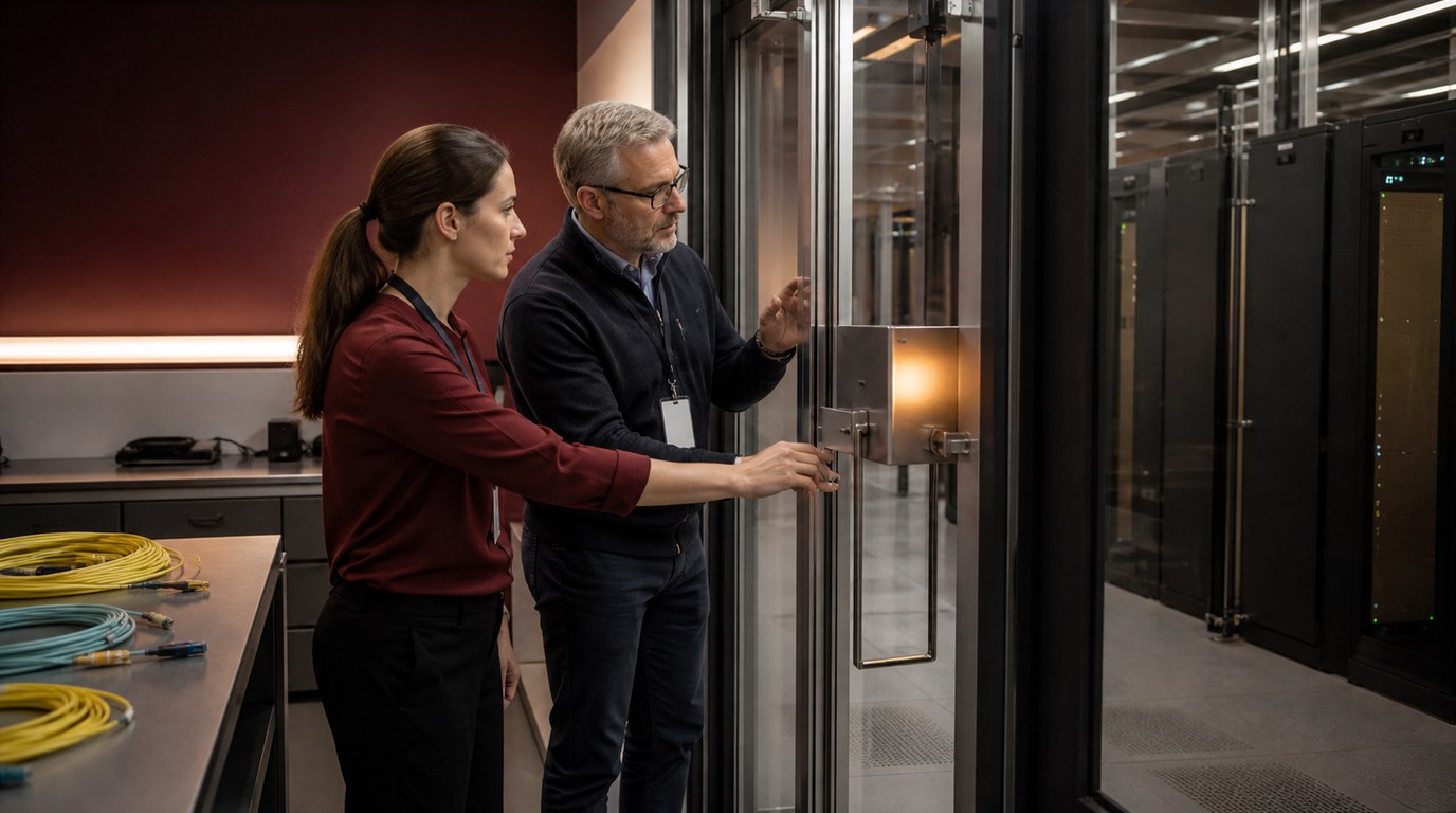 Two incident responders jointly validate a physical isolation gate before reconnecting a secure data center