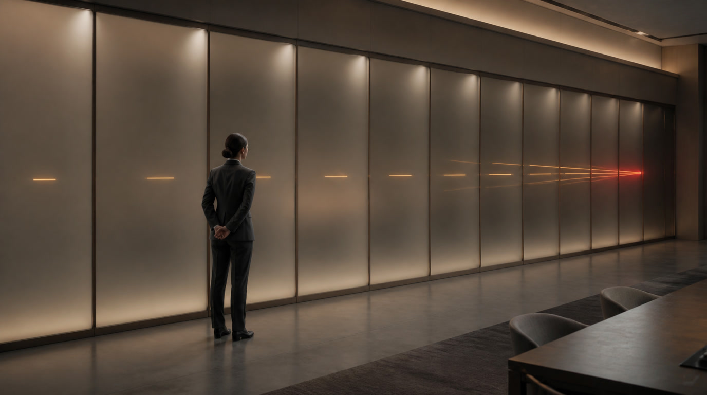 A governance professional observes separate light traces across frosted panels converging into one restrained warning signal