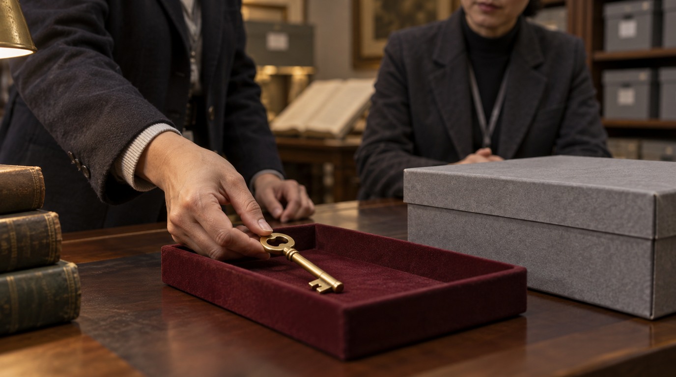 An archive custodian places an access key in a burgundy tray while a colleague observes