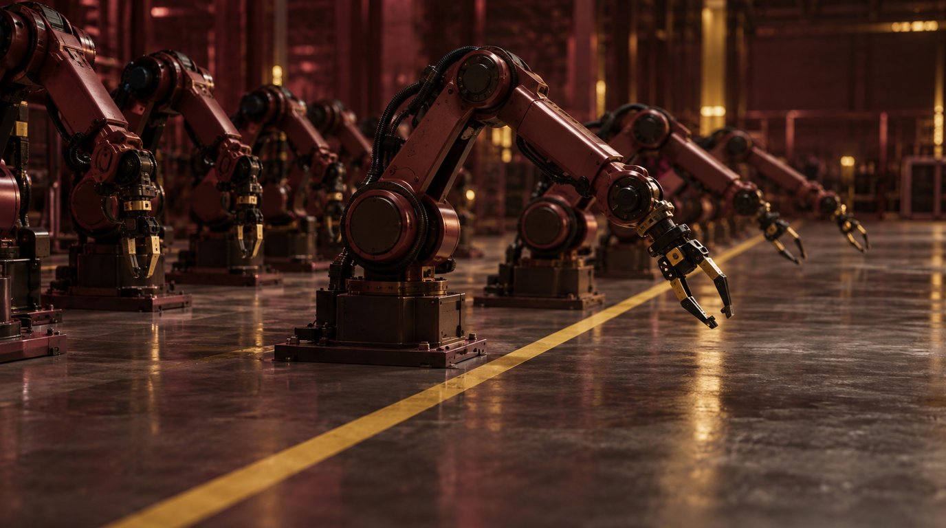 Rows of autonomous robotic arms in a dim operations hall, several reaching past a painted boundary line on the floor