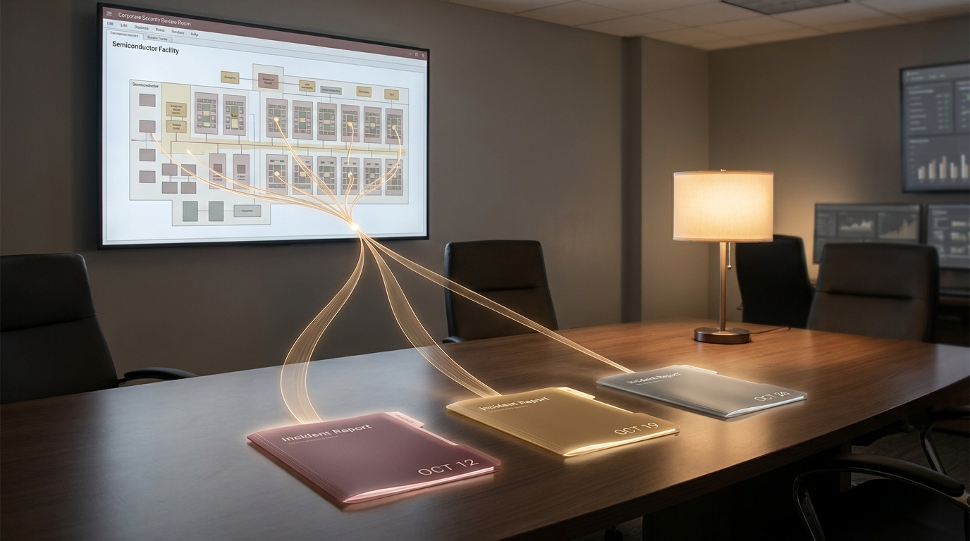 Three glowing incident folders on a review table, each dated within the same month, connected by a warm-gold ribbon to a shared point on a facility network diagram