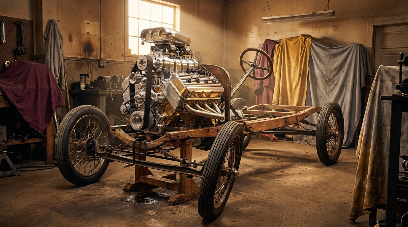 A gleaming modern supercharged engine mounted onto a fragile antique wooden car chassis in a workshop