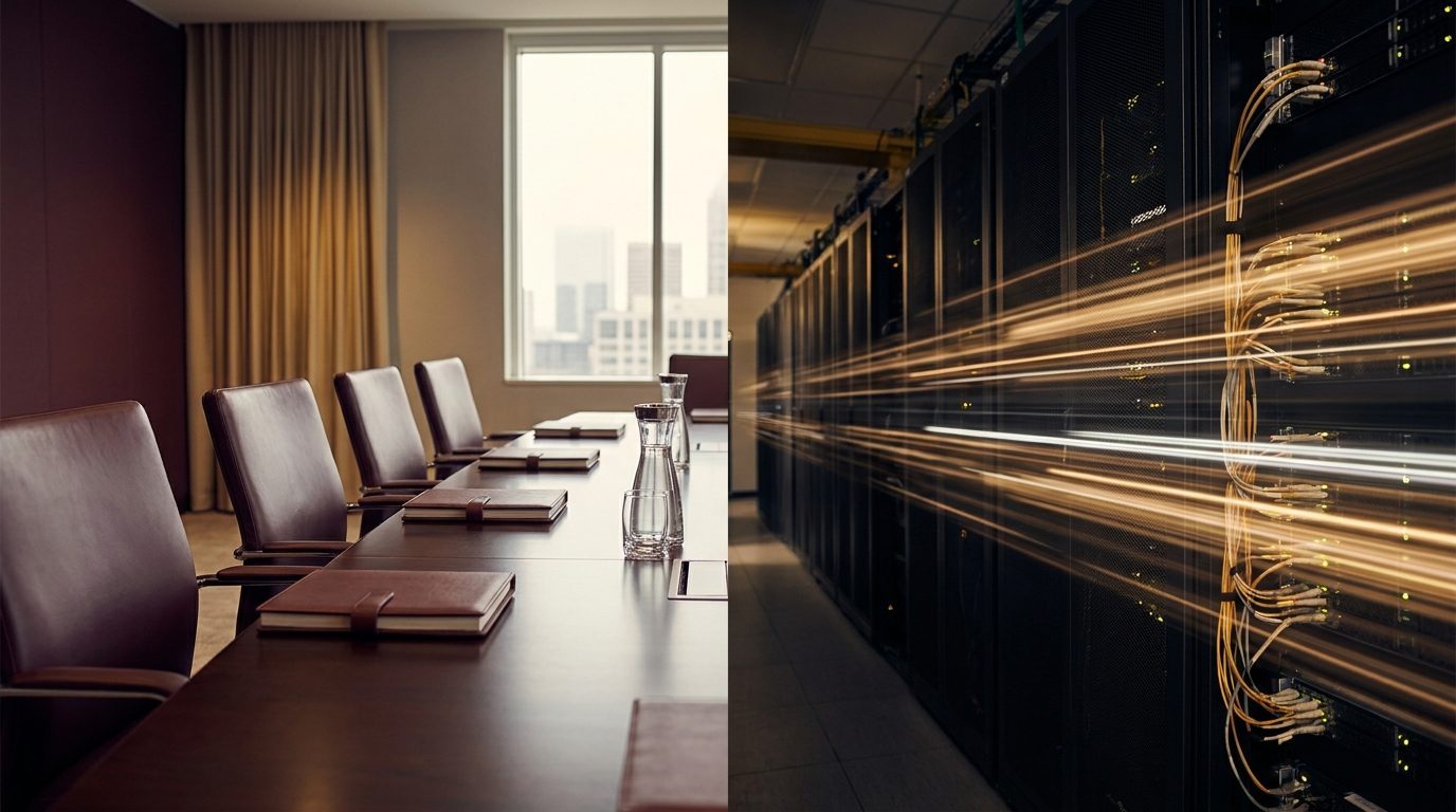 Human change-advisory-board cadence contrasted with machine-speed AI agent changes