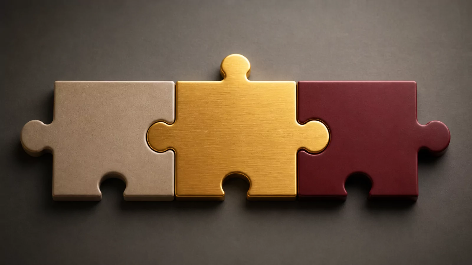 Three physically interlocked puzzle pieces: a stone data-recovery piece, a gold Operational Data Resilience bridge, and a burgundy change-validation piece.